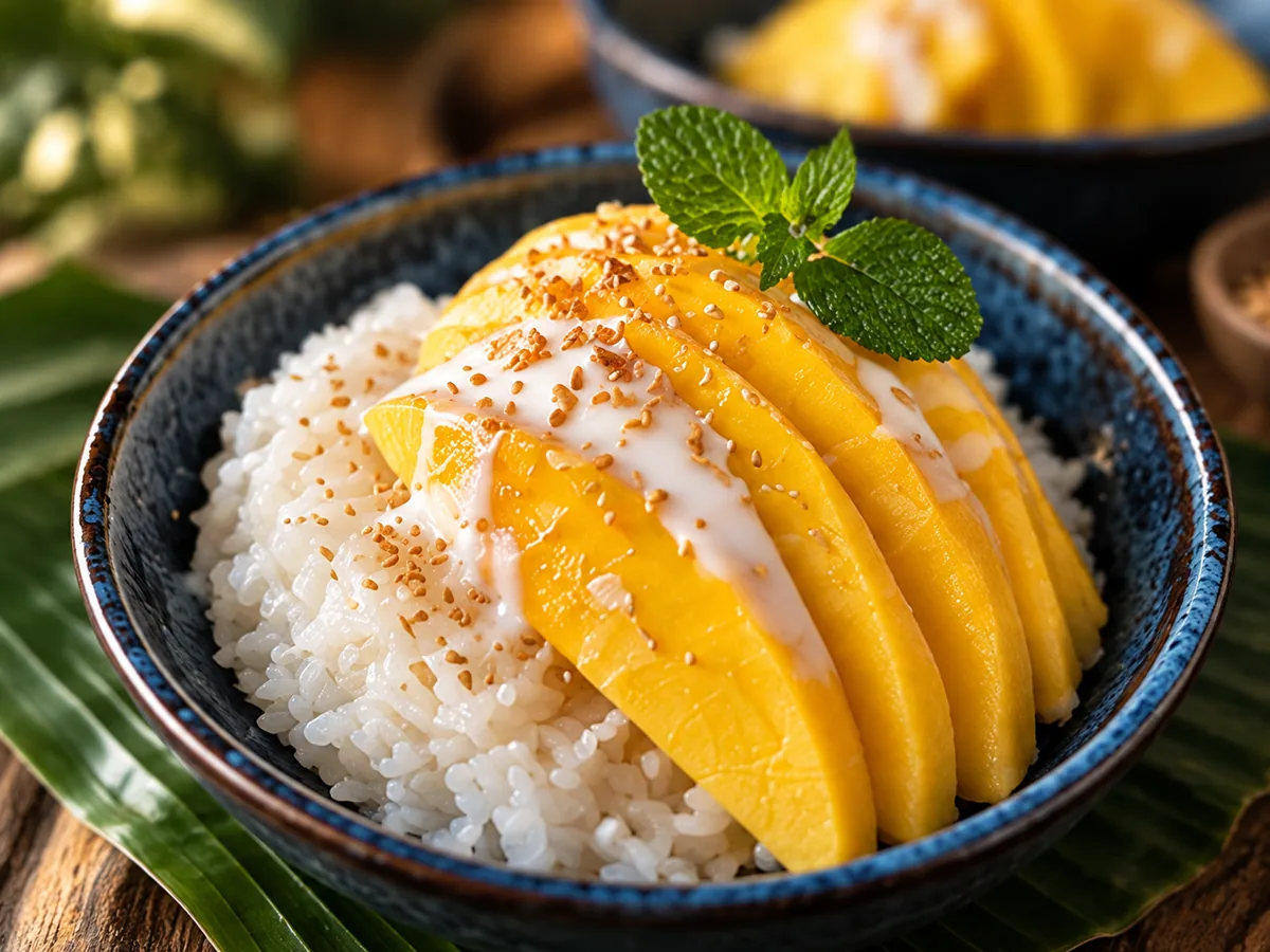 Mango sticky rice with sliced ripe mango, coconut cream, toasted sesame, and mint