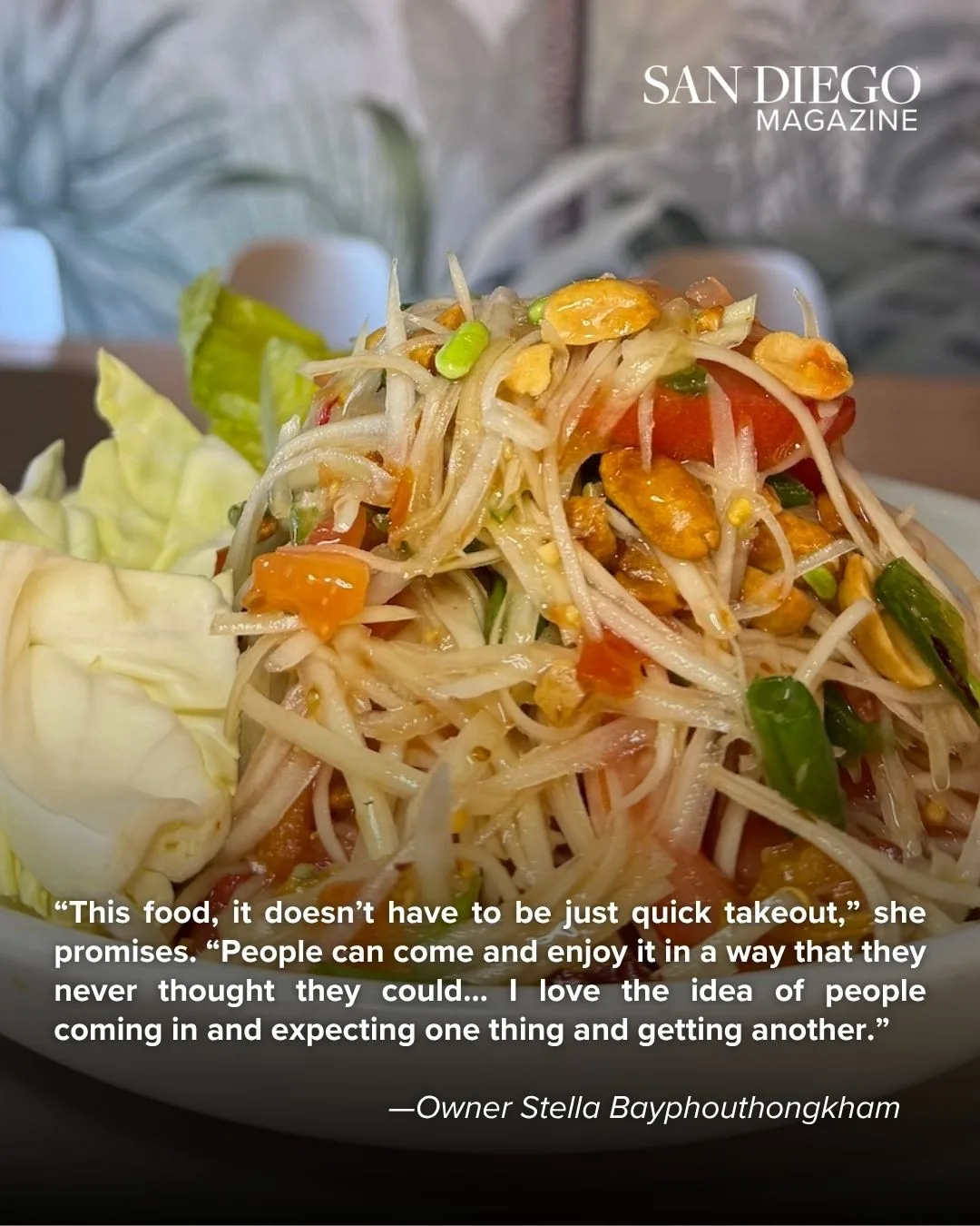 Papaya salad shown in a San Diego Magazine editorial card