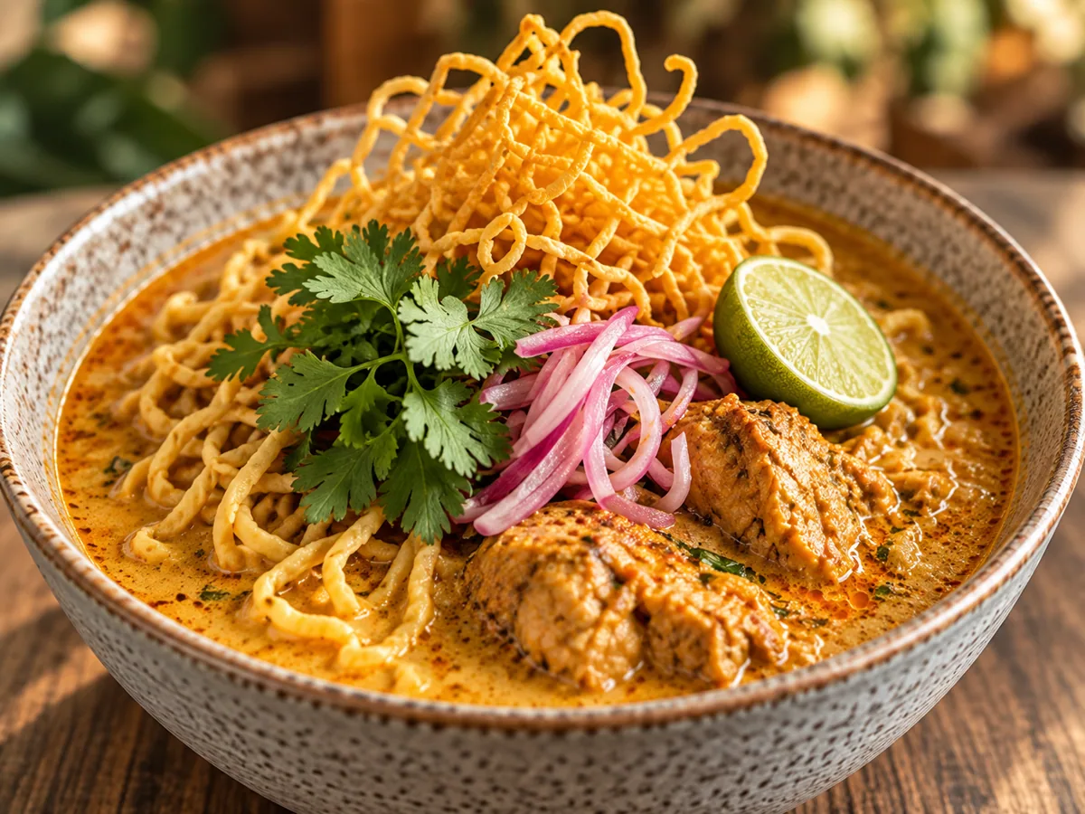 Khao soi noodles with curry broth, chicken, crispy noodles, cilantro, pickled onion, and lime