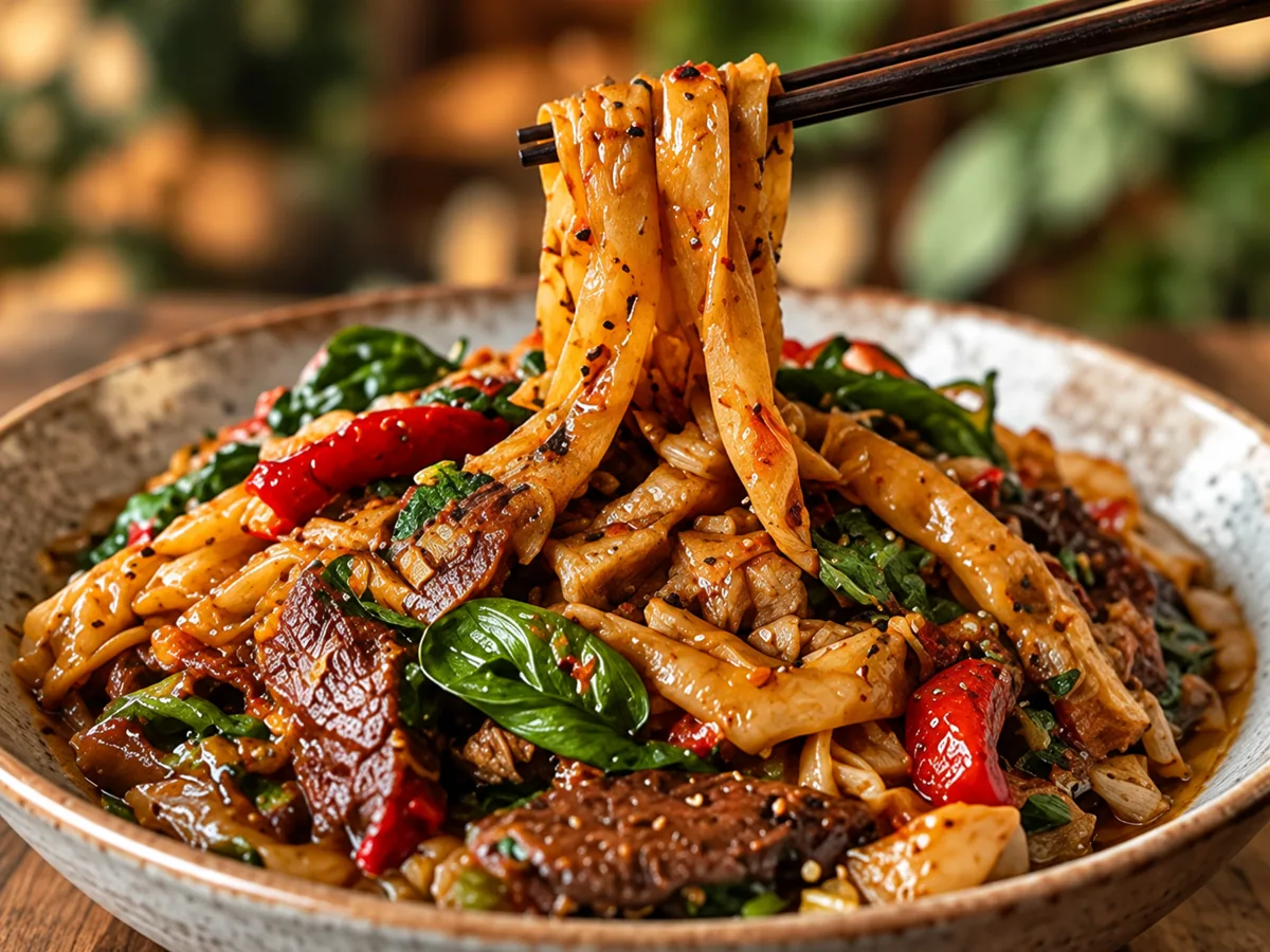 Drunken noodles with beef, Thai basil, red peppers, and lifted wide rice noodles