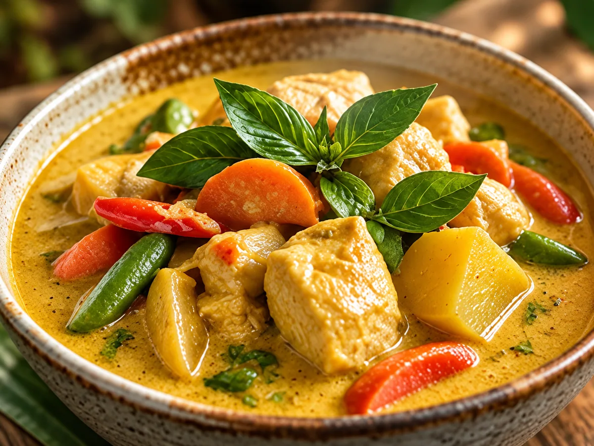 Yellow curry chicken with potatoes, carrots, snap peas, red peppers, and Thai basil