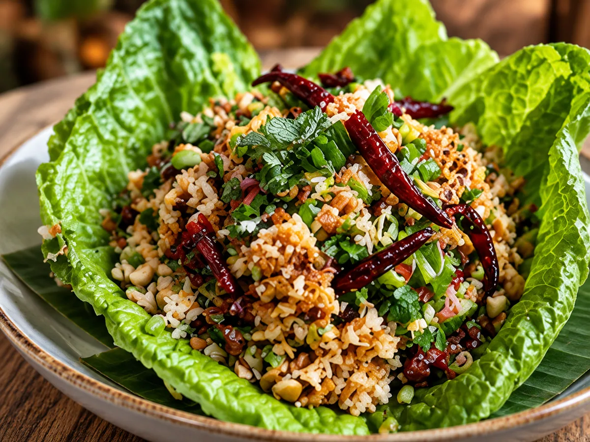 Nam khao tod crispy rice salad with fresh herbs, peanuts, dried chiles, and lettuce